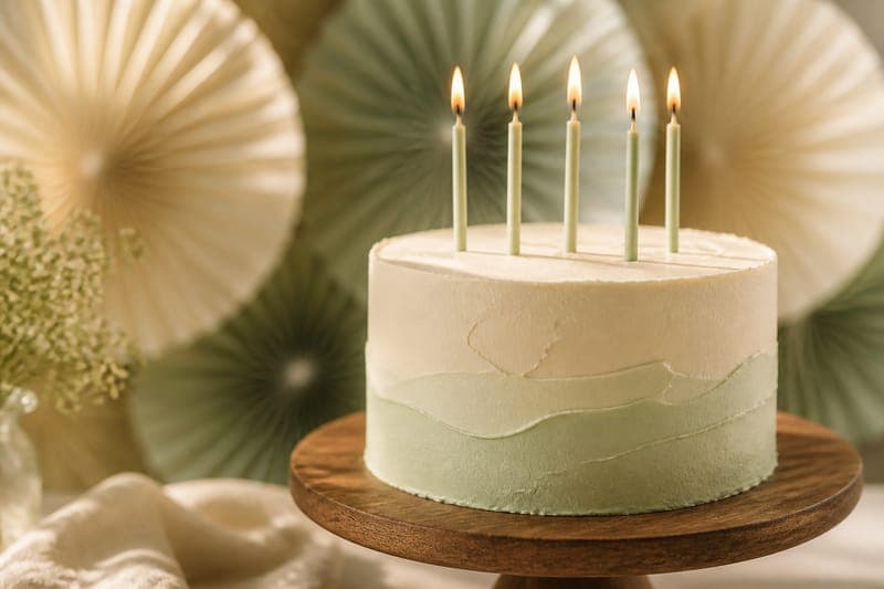 Pastel birthday cake with lit candles on a wooden stand