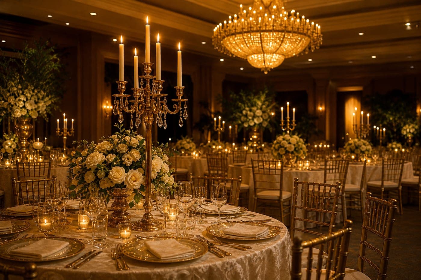 A gold ballroom set for a golden anniversary, candelabra and chandelier lit
