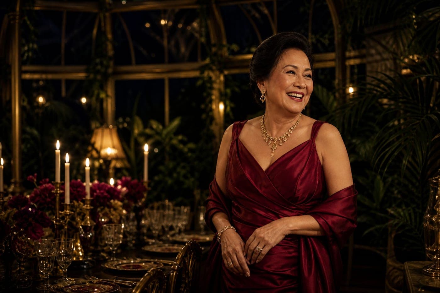 Rosario in a garnet gown beside a candlelit dinner table in a glass conservatory