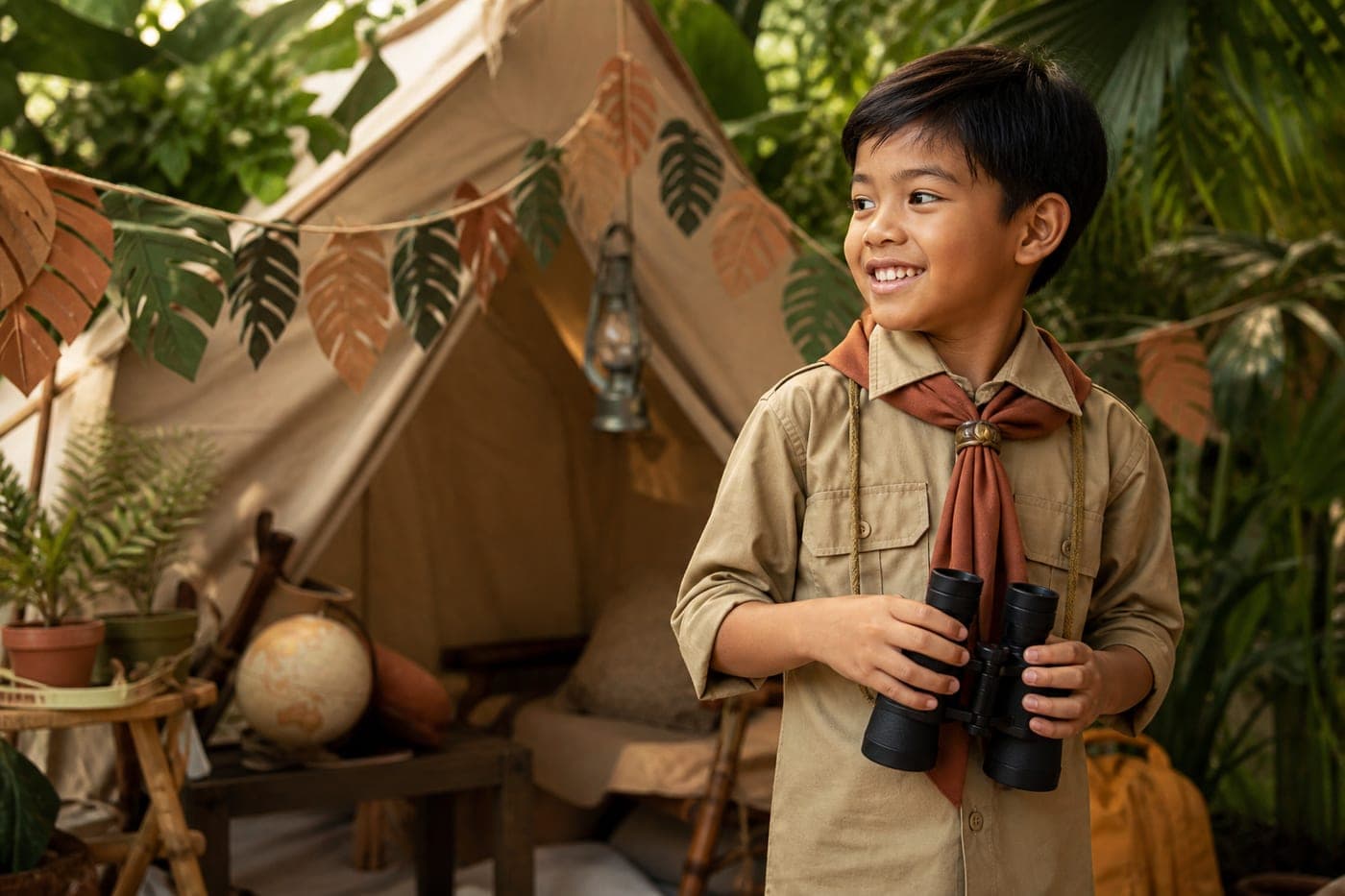Mateo in explorer khakis with binoculars outside a canvas tent