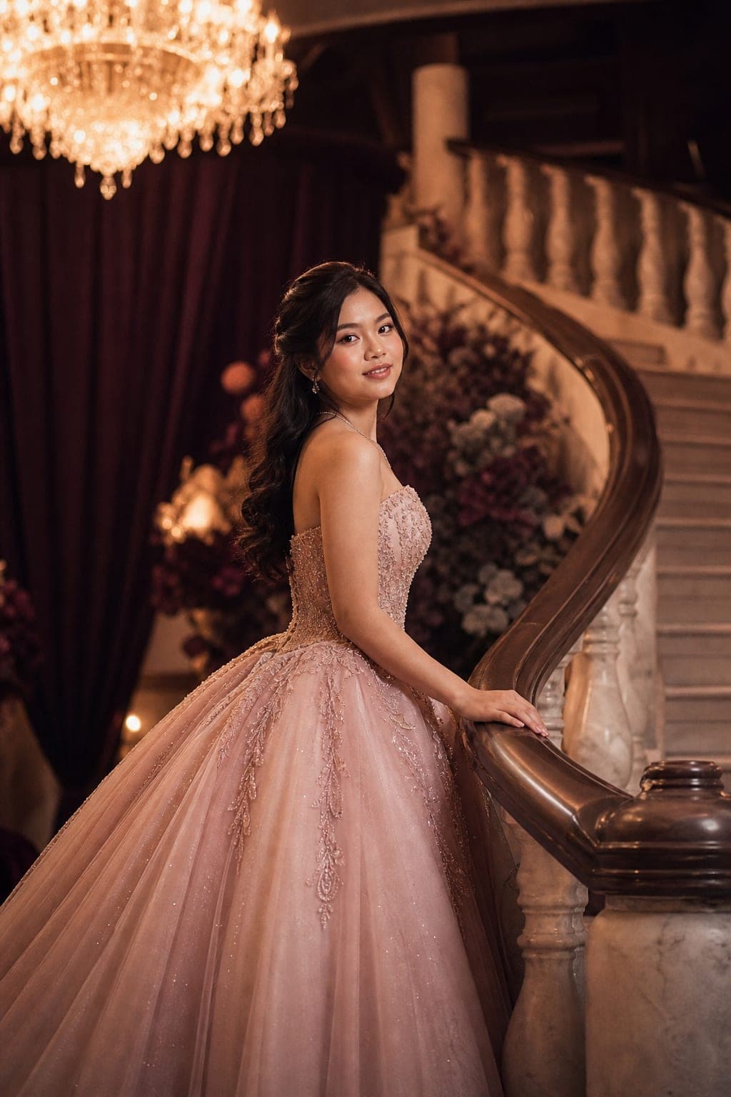Sofia in a blush ball gown on a staircase at her debut