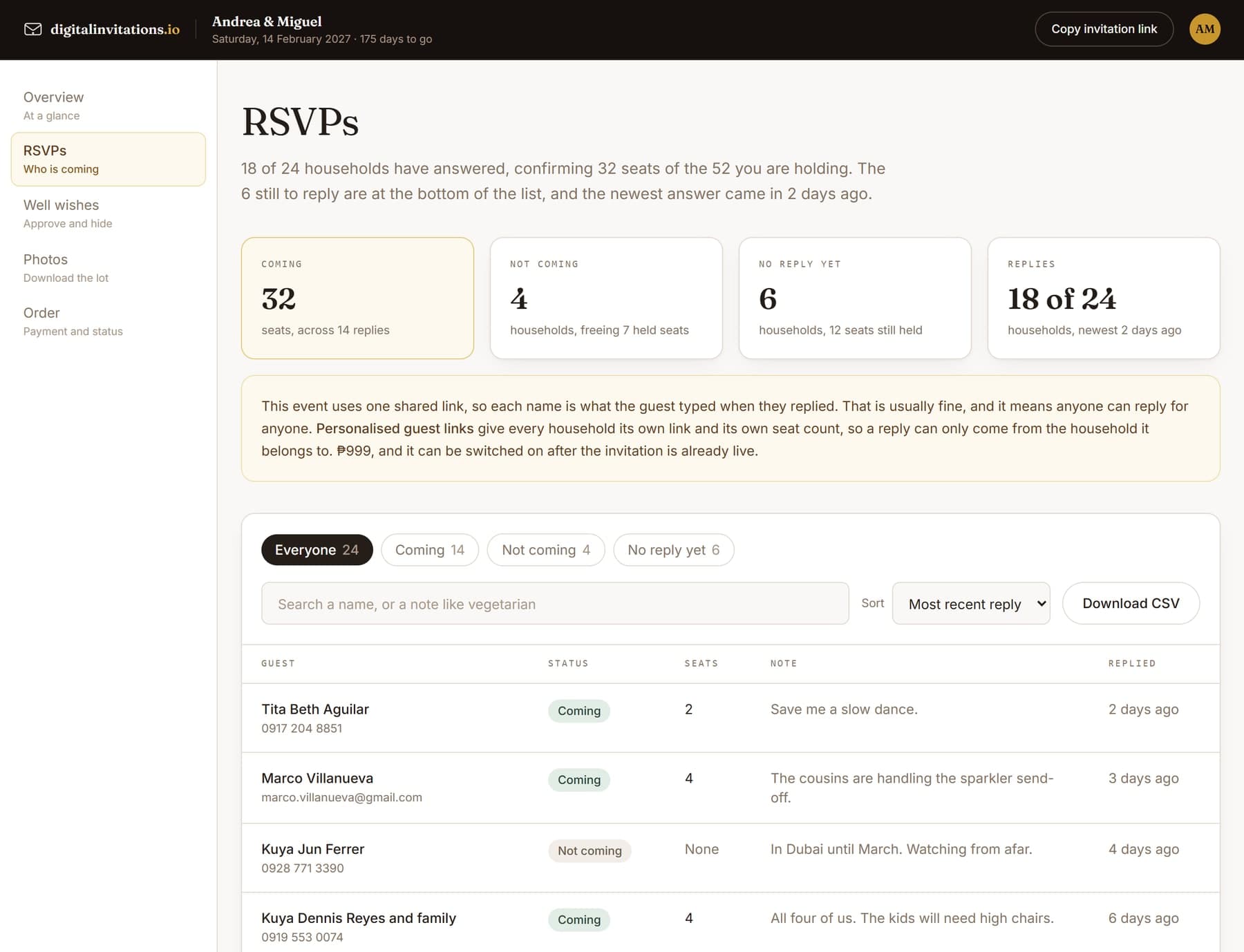 The host's RSVP page on a laptop, with seats confirmed, who has not answered, and a searchable guest list