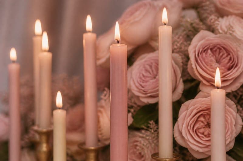 Lit blush and ivory taper candles among pink roses