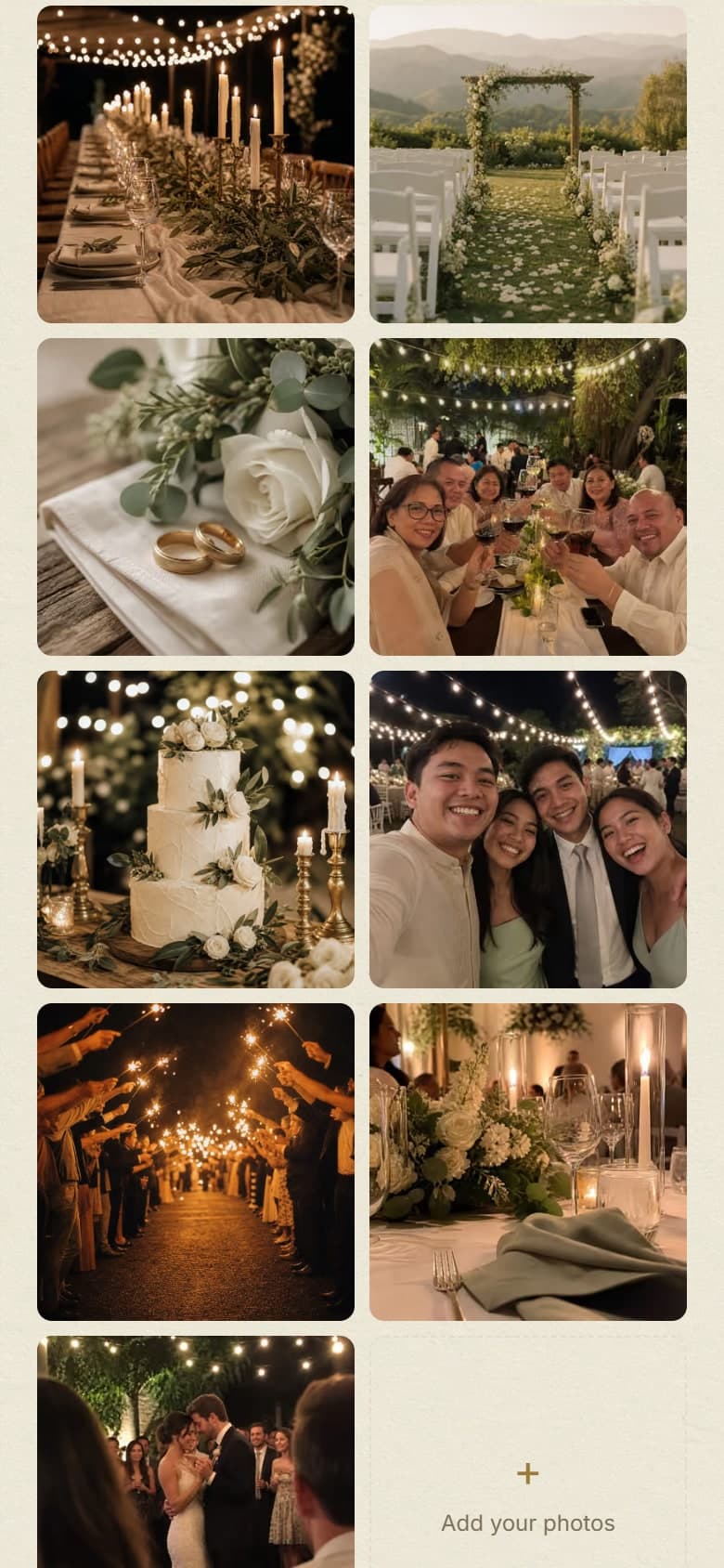 The guest photo gallery on the invitation, a grid of photos guests uploaded with an add your photos tile