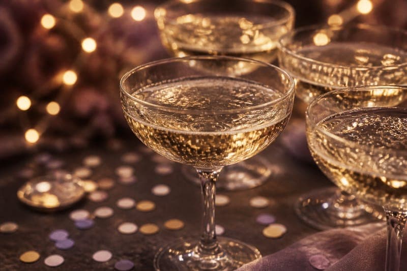 Coupe glasses of sparkling wine with string lights behind