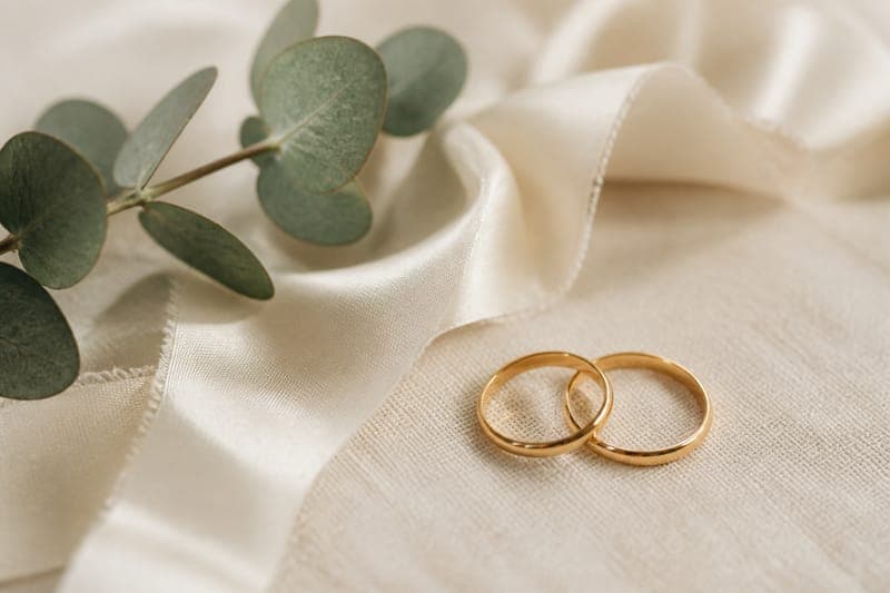 Gold wedding bands on cream linen with eucalyptus