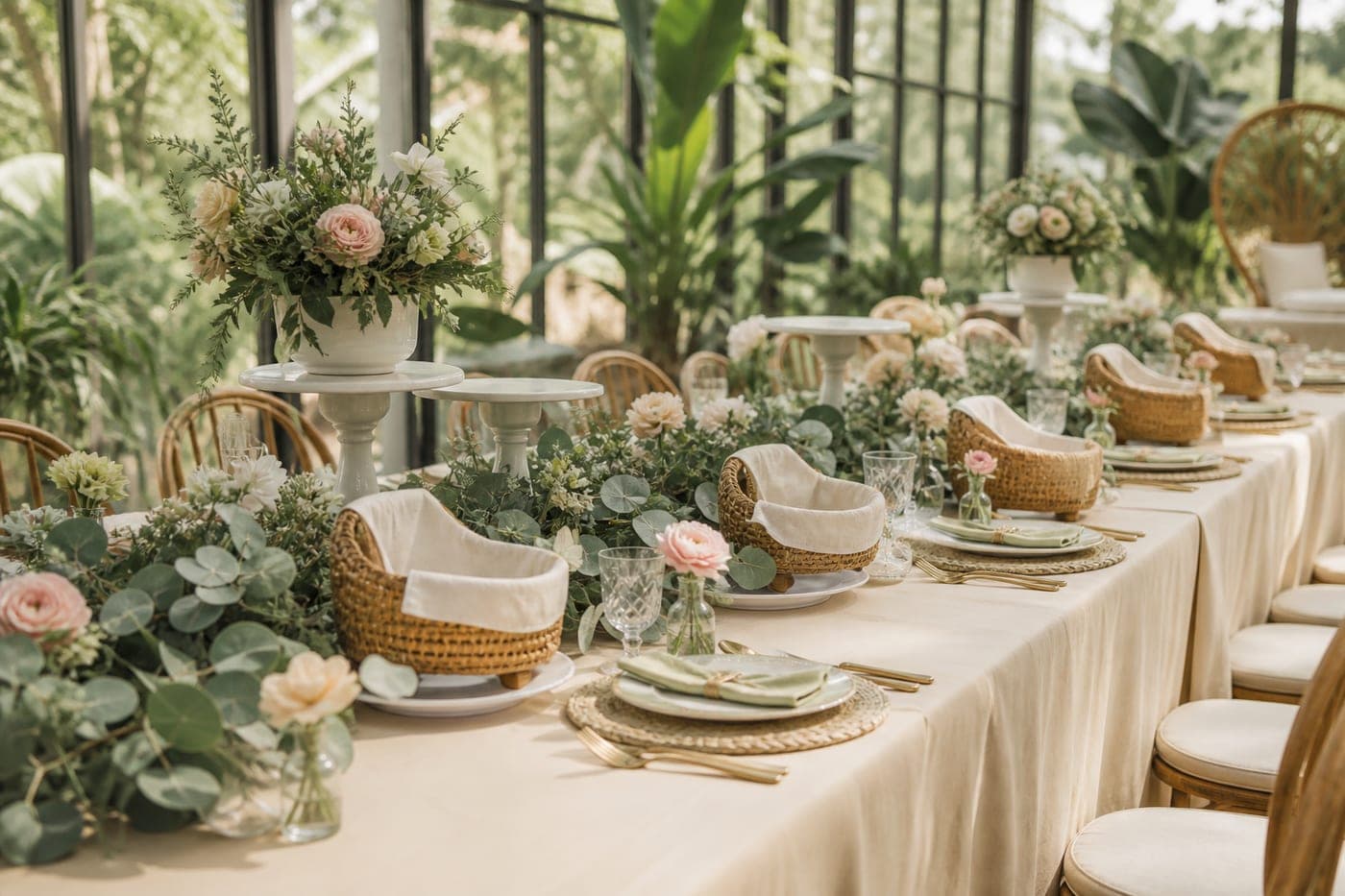 A long garden table set for a baby shower with bassinets and eucalyptus